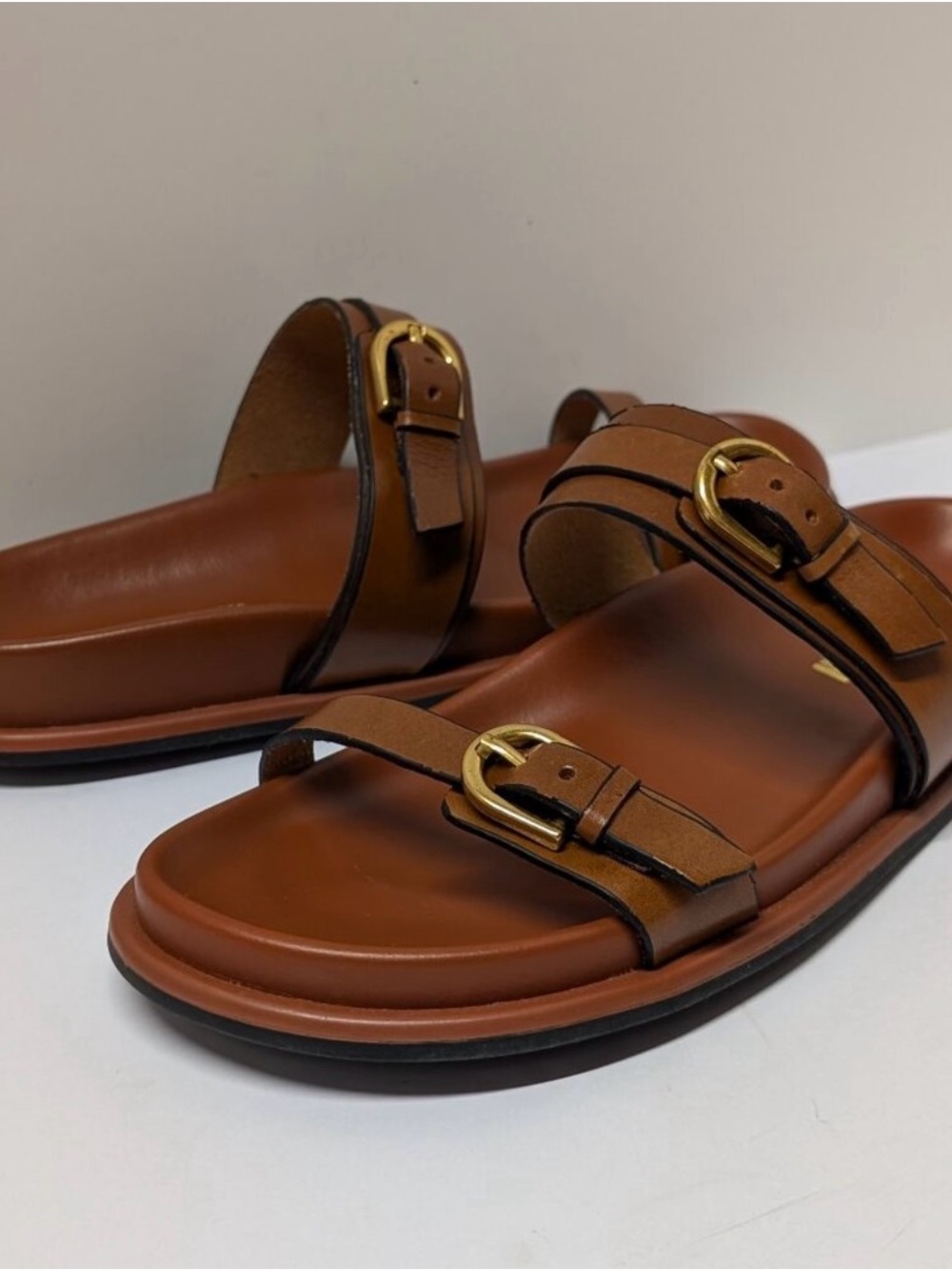 Steve Madden Tan Leather Double-Buckle Slide Sandals with Gold Buckles - Picture 3 of 8